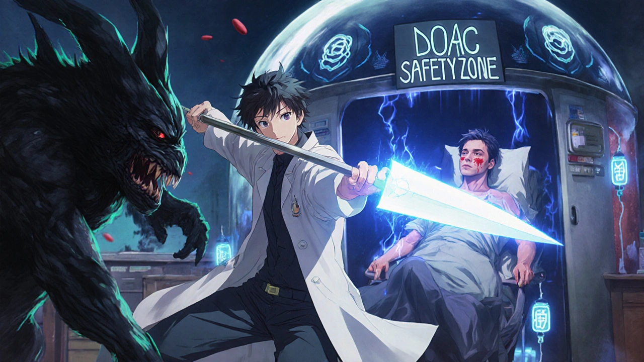 A hero using a reversal agent spear against a clot monster in a glowing medical battlefield.