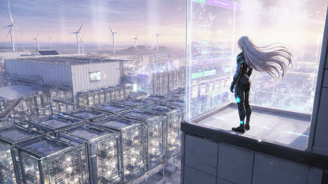 A modular biologics plant glows at dawn with countless bioreactors and an engineer gazing at holograms.
