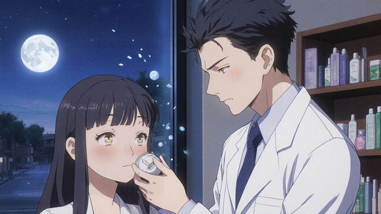 A patient applies azelaic acid cream as a dermatologist watches kindly in a quiet office.