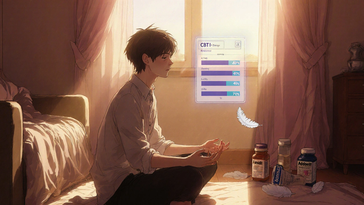 A person meditates at dawn, golden light bathing them as old pill bottles fade into shadow behind.