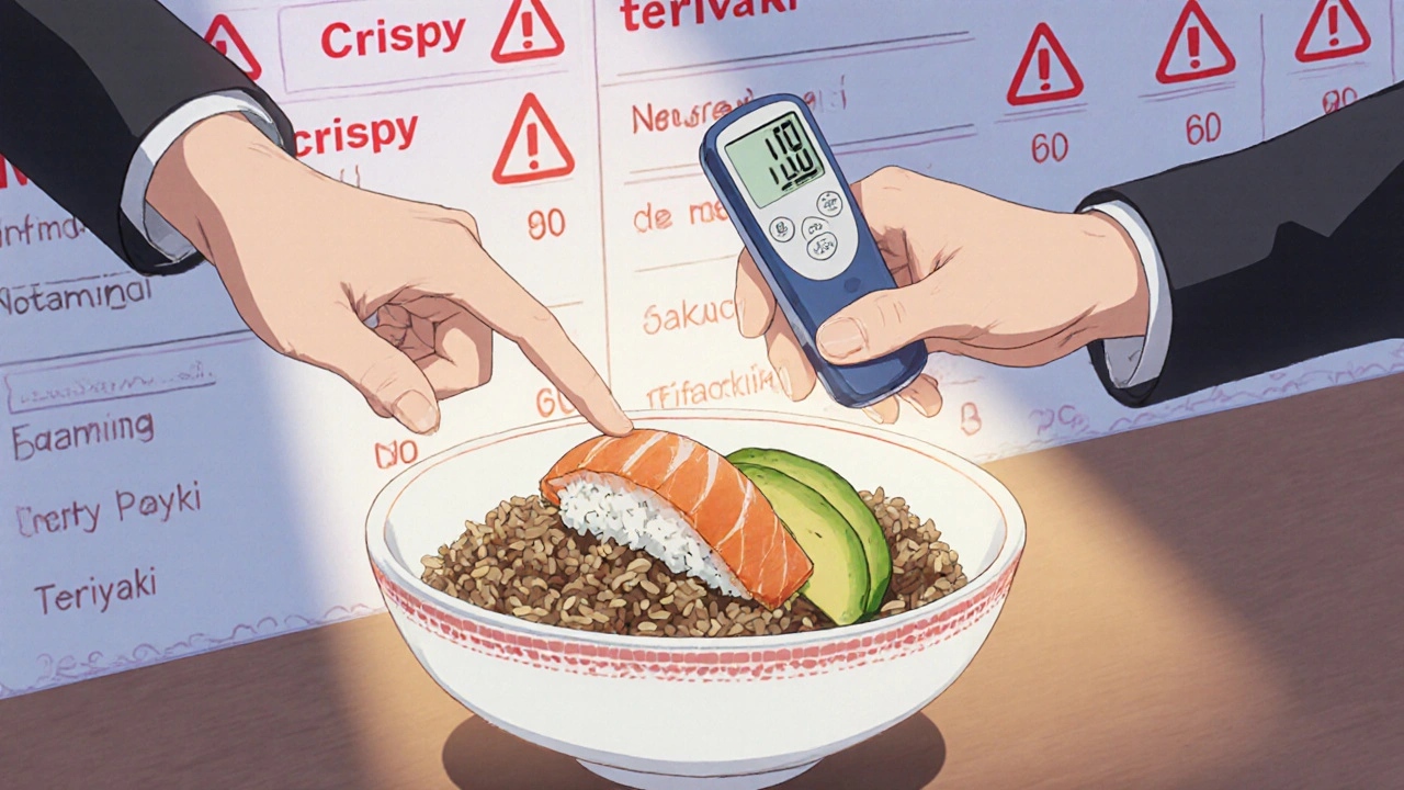 A person politely requesting sauce-free, low-carb modifications at a restaurant while holding a glucose meter.