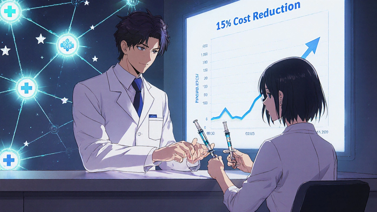 A pharmacist hands a specialty drug to a patient, with a network of preferred pharmacies glowing in the background.