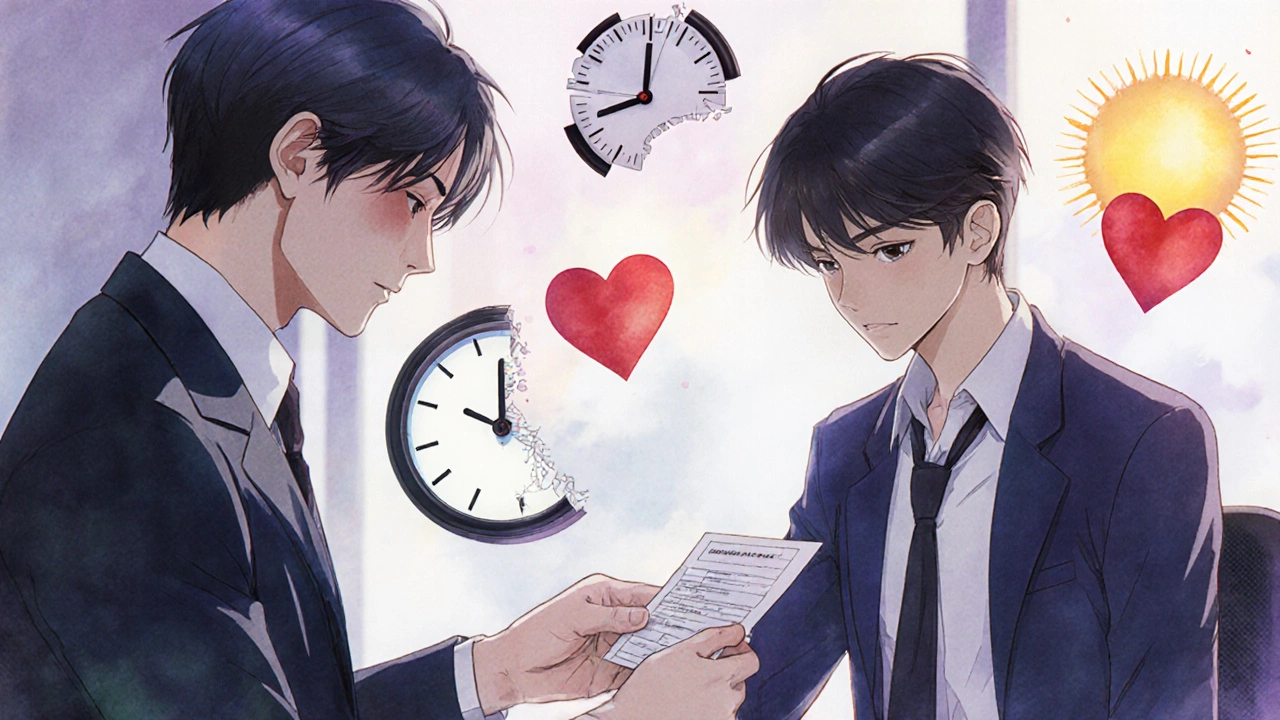 A psychiatrist hands a prescription to a patient in a calm office, emotional symbols floating in the background.