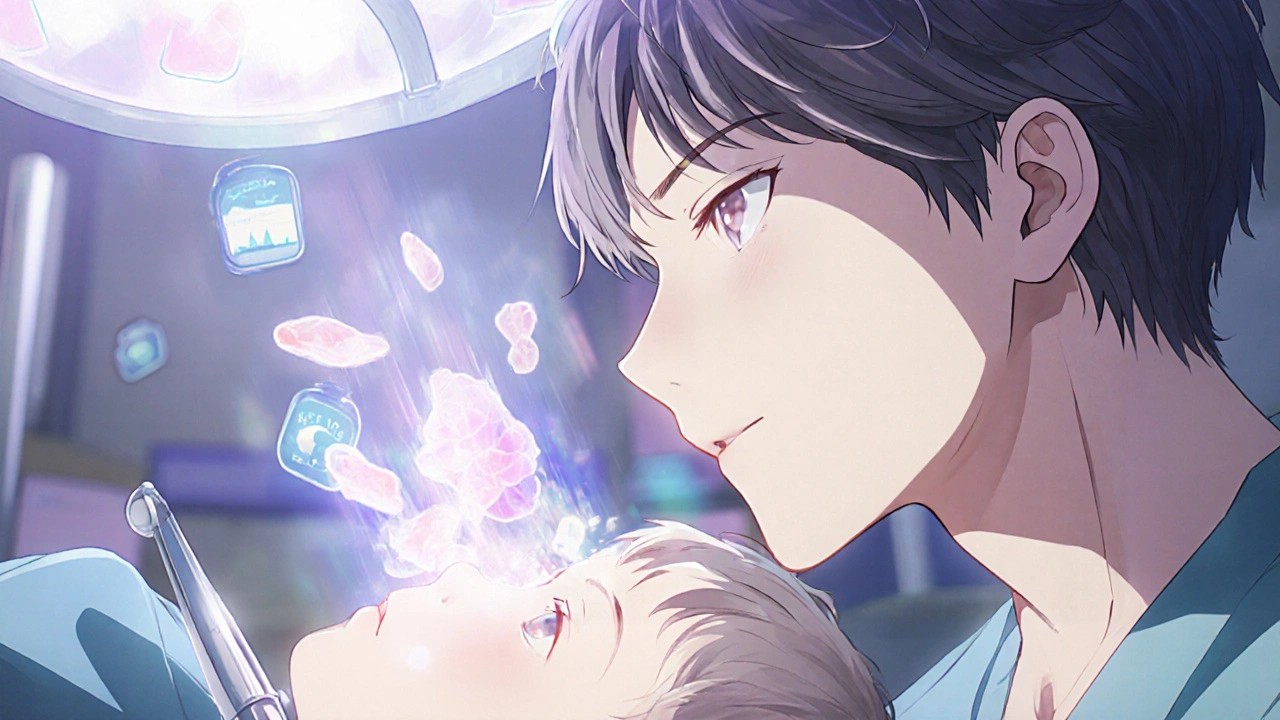 A surgeon removing tonsils and adenoids as they dissolve like cherry blossoms in anime style.