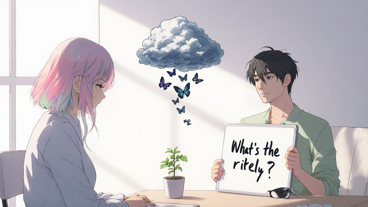 A therapist and patient in a sunlit room, visualizing thoughts transforming into butterflies during CBT.