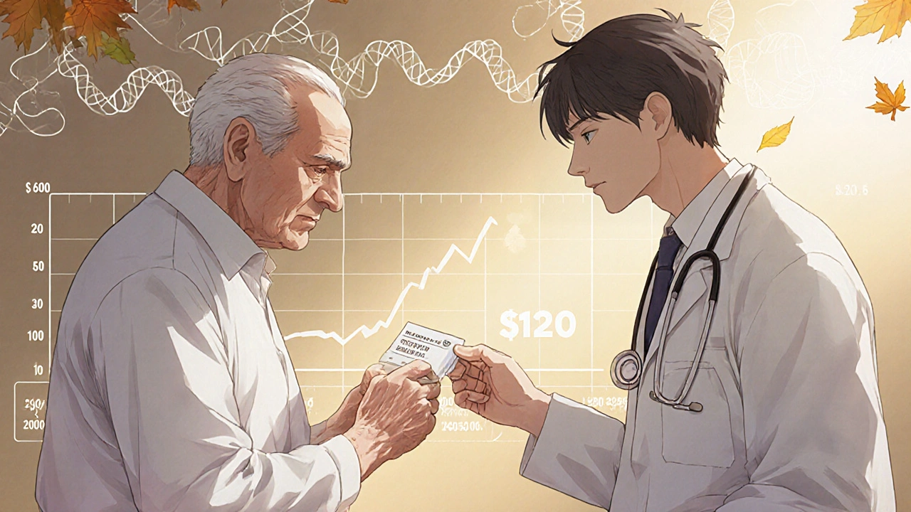 An elderly man receiving apixaban prescription with a timeline of falling prices and DNA strands in the background.