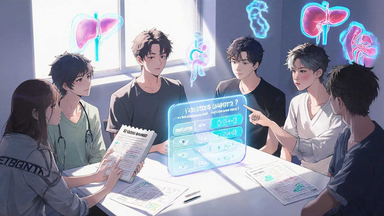 Diverse group of young adults reviewing diabetes treatment options with holographic charts and glowing organ icons.