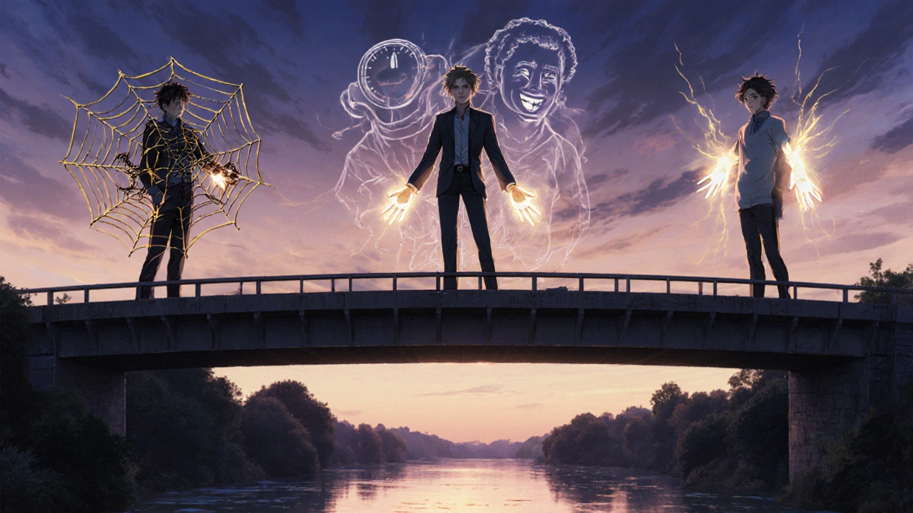Diverse individuals on a bridge at dawn, each with personal anxiety symbols, connected by glowing hands.