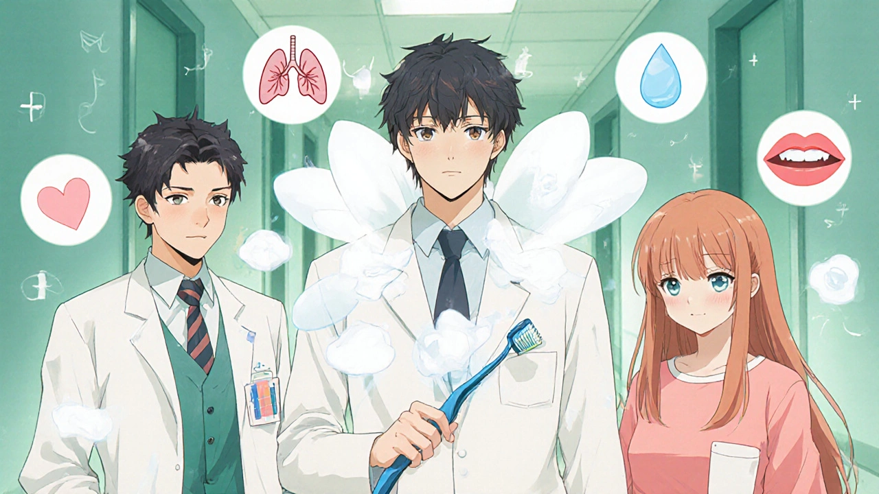 Doctor, dentist, and patient together with symbols of lung and mouth, white patches turning to petals.