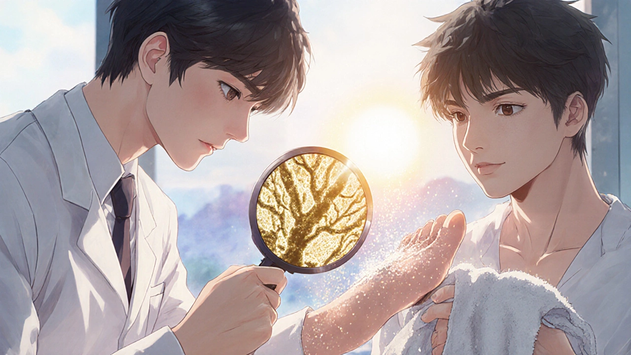 Doctor examining foot under glowing magnifying glass, revealing fungal structures as crystalline vines.