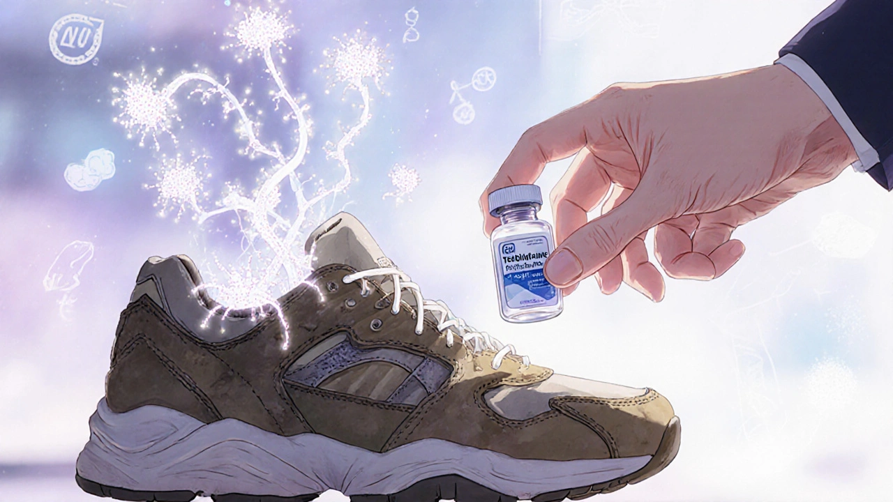 Hand applying antifungal cream beside shoes emitting glowing fungal spores like blossoms.