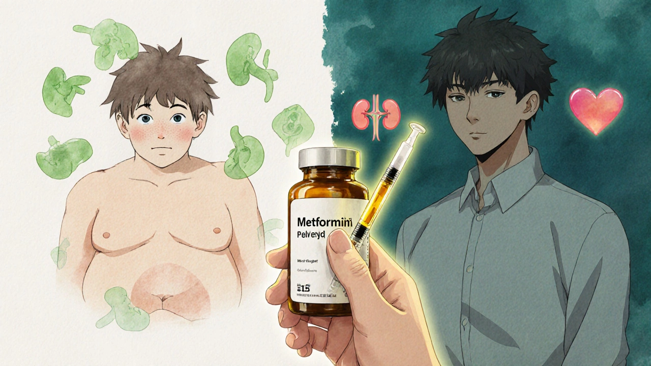 Hand holding metformin bottle next to golden syringe, split background showing side effects vs. positive outcomes.