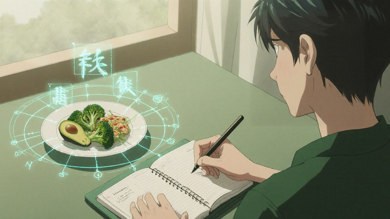 Hand writing in food journal beside smart plate scanning broccoli and avocado, glowing vitamin K readings in air.