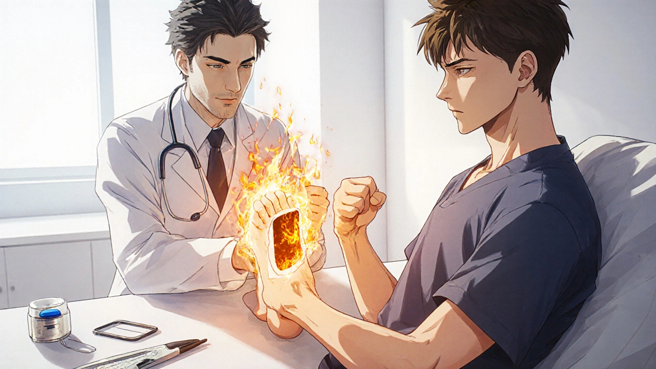 Healthcare provider applying capsaicin patch to patient&#039;s foot in clinic, fiery energy and emotional expression.