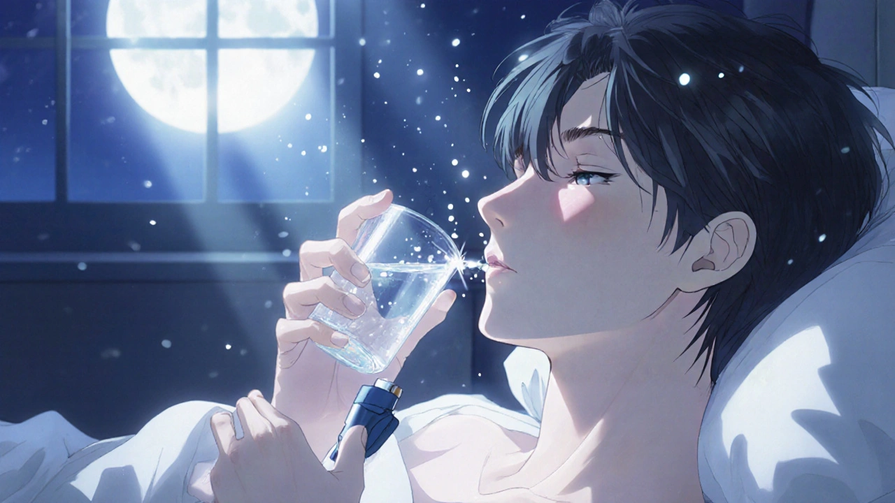 Man rinsing at night in moonlit bedroom, inhaler beside him, medicine particles fading to light.
