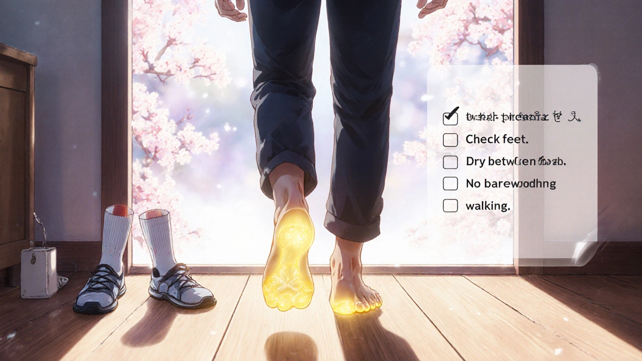 Man walking on wooden floor with protective aura, diabetic socks nearby, cherry blossoms floating in background.