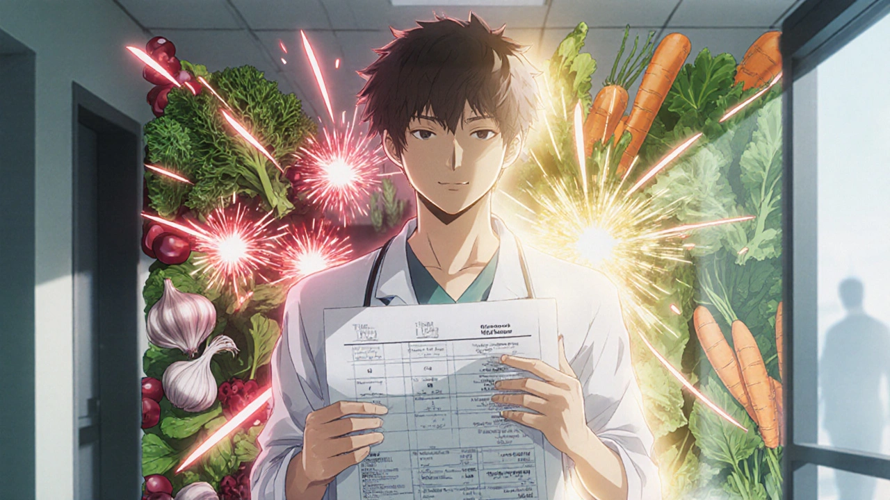 Patient holding INR chart, behind him split path of chaotic vs. controlled vegetables under hospital lighting.