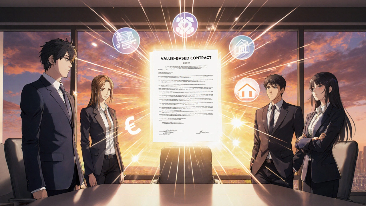 Professionals and a patient stand together as a value-based contract glows between them, symbolizing shared savings.