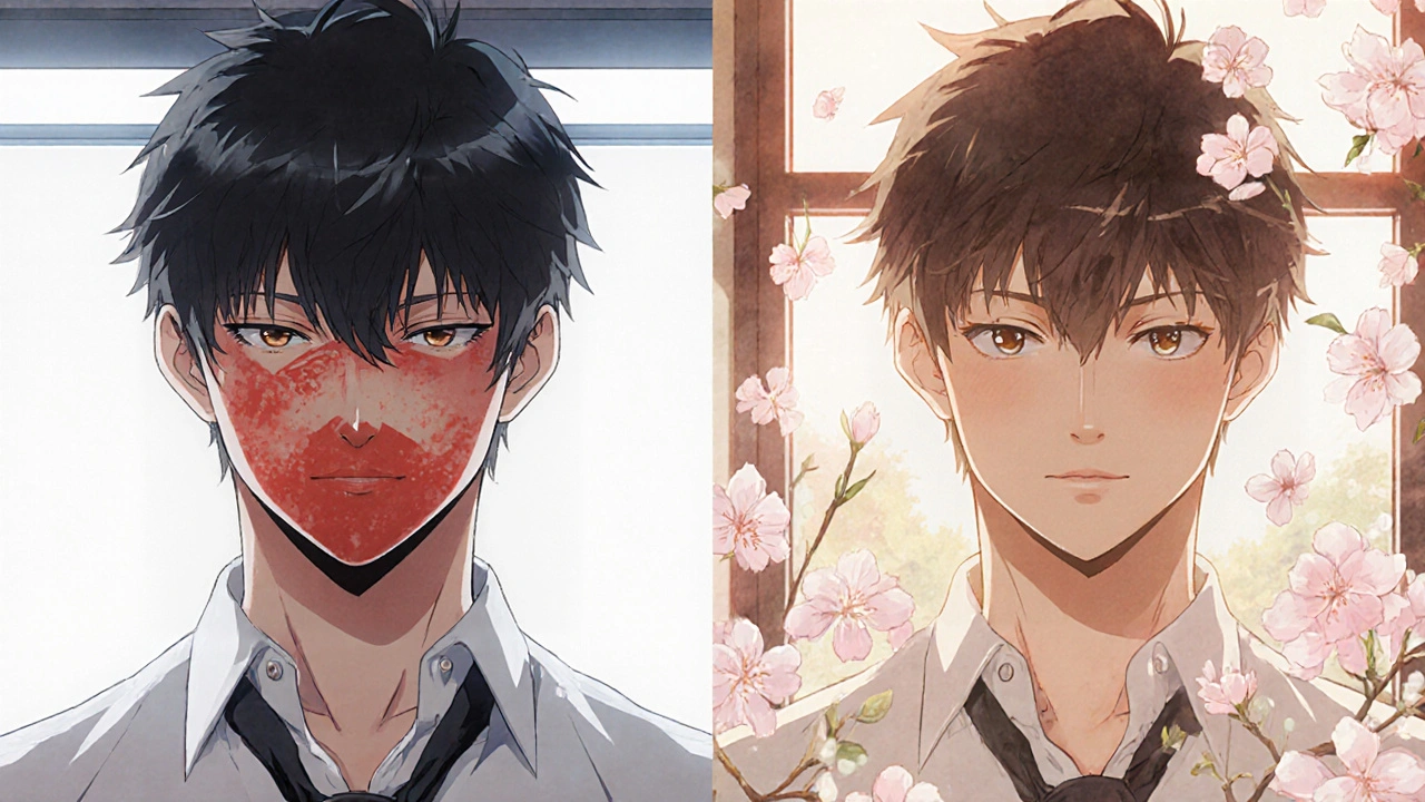 Side-by-side anime illustration showing skin redness transforming into calm, even tone.