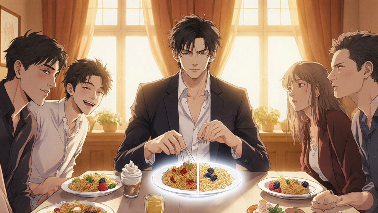 Someone boxing half their meal at a social dinner, enjoying a small berry dessert while friends eat normally.