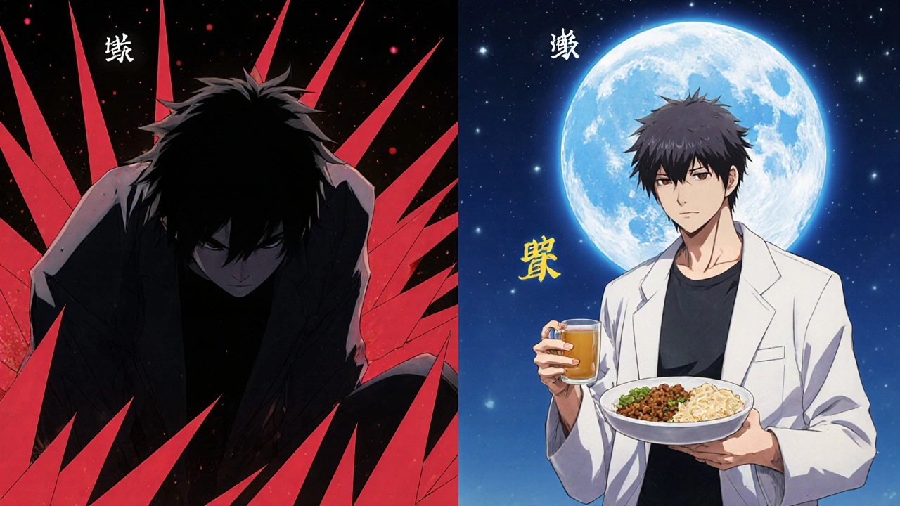 Split image: a person transformed from darkness to calm under a moon, symbolizing anxiety relief through medication.