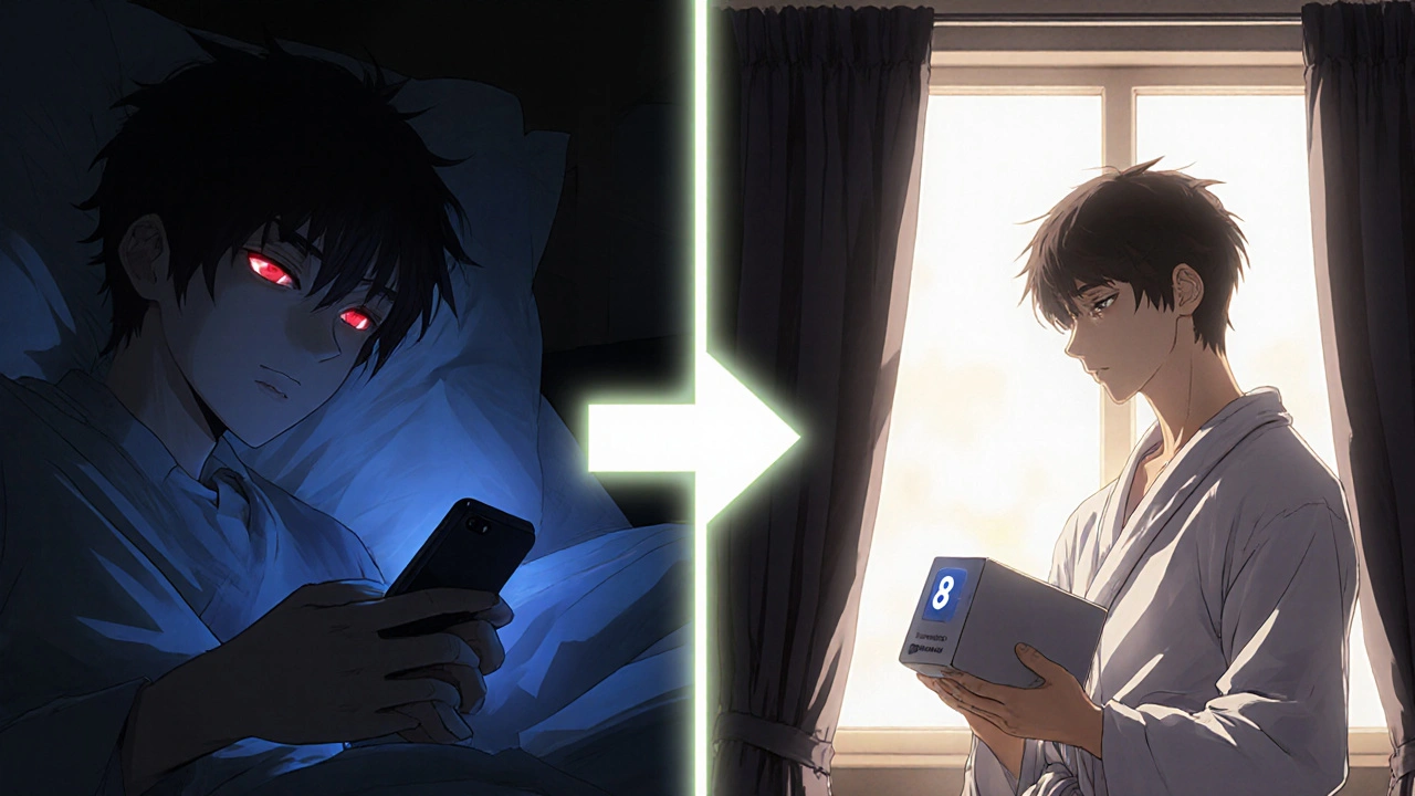 Split image of a person transitioning from late-night screen use to morning light therapy, showing chronotype adjustment over time.