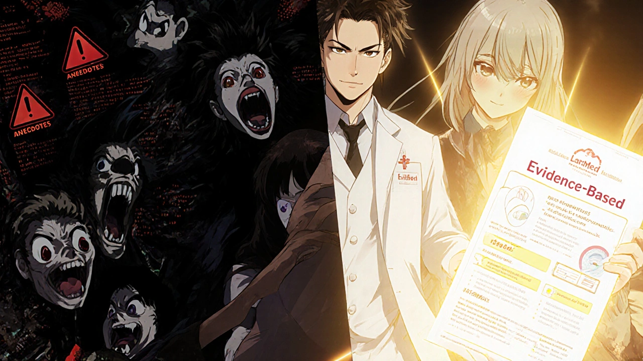 Split scene: chaotic social media vs. serene medical database, pregnant woman choosing truth over noise.