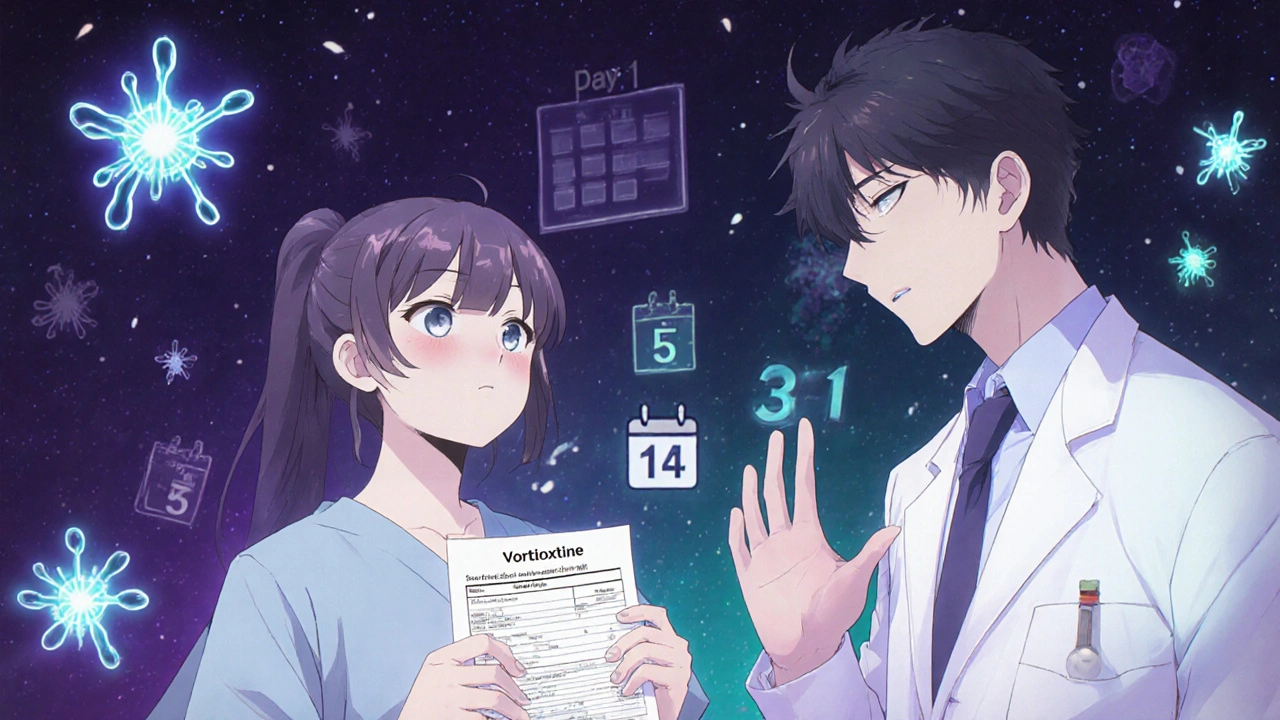 Teenager receiving reassurance from doctor about nausea from antidepressant.