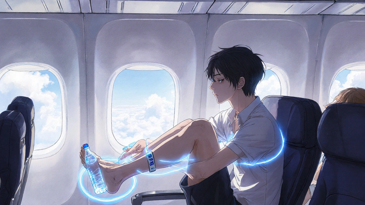Traveler doing leg exercises on a flight, water bottle in hand, with glowing blood flow lines.