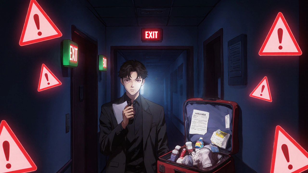 Traveler in a foreign hospital at night holding a doctor’s letter, emergency lights glowing.