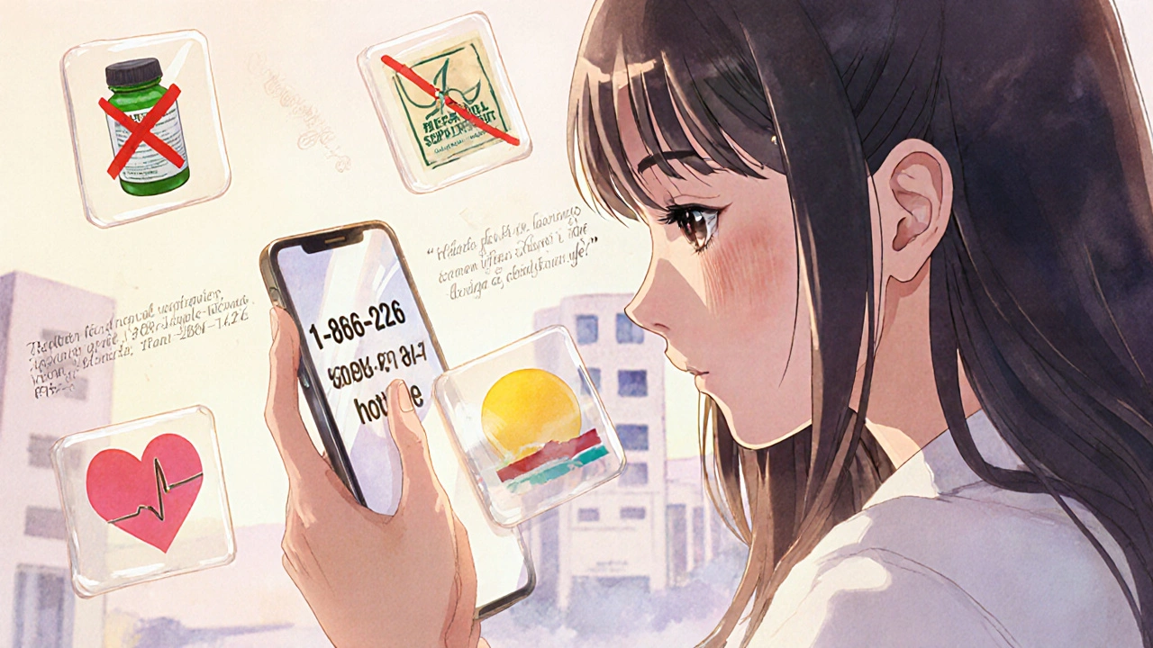 Woman&#039;s hand pressing a pregnancy medication hotline number, surrounded by symbolic medical icons in soft light.