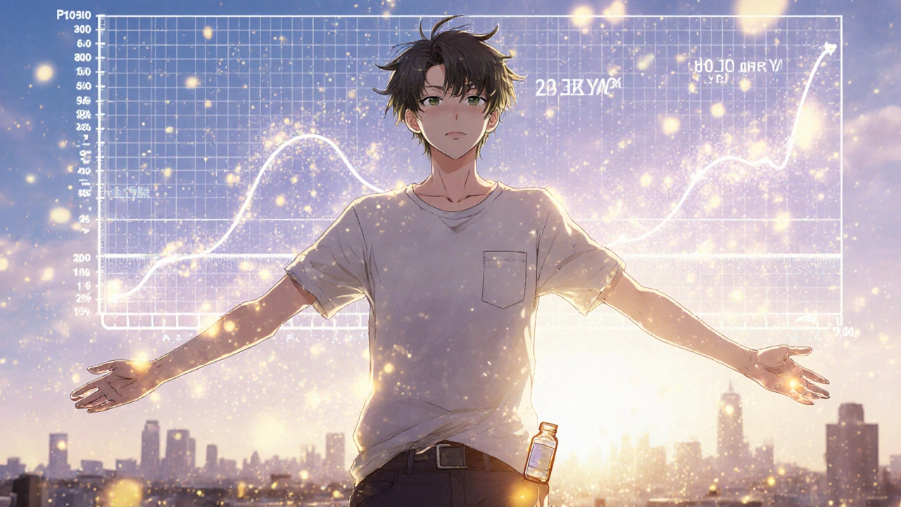 Young man on rooftop as nausea fades, serotonin particles glowing around him.