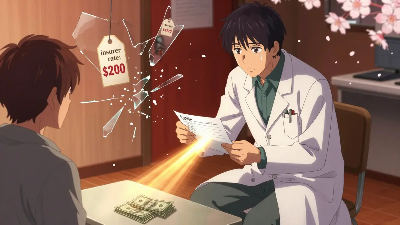 A doctor and patient share a moment of relief as a golden path leads from a prescription to cash.