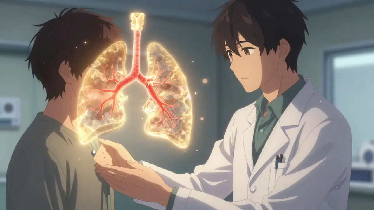 A doctor and patient surrounded by a glowing diagram of lung alveoli and capillaries.