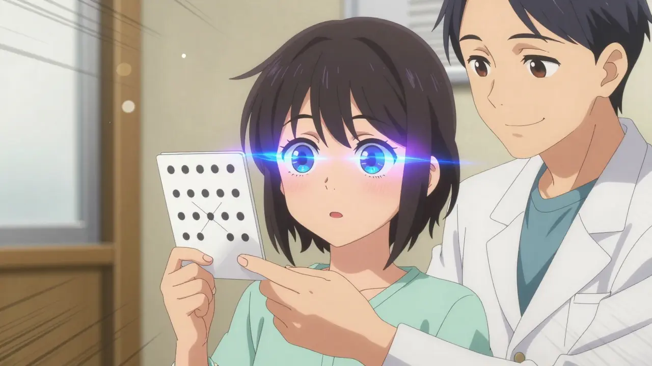 A girl undergoing vision therapy with a therapist, focusing on a 3D convergence card.