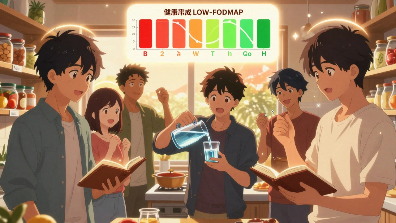 A group of young adults in a kitchen, tracking IBS progress with a journal and pills, glowing chart above showing improvement.