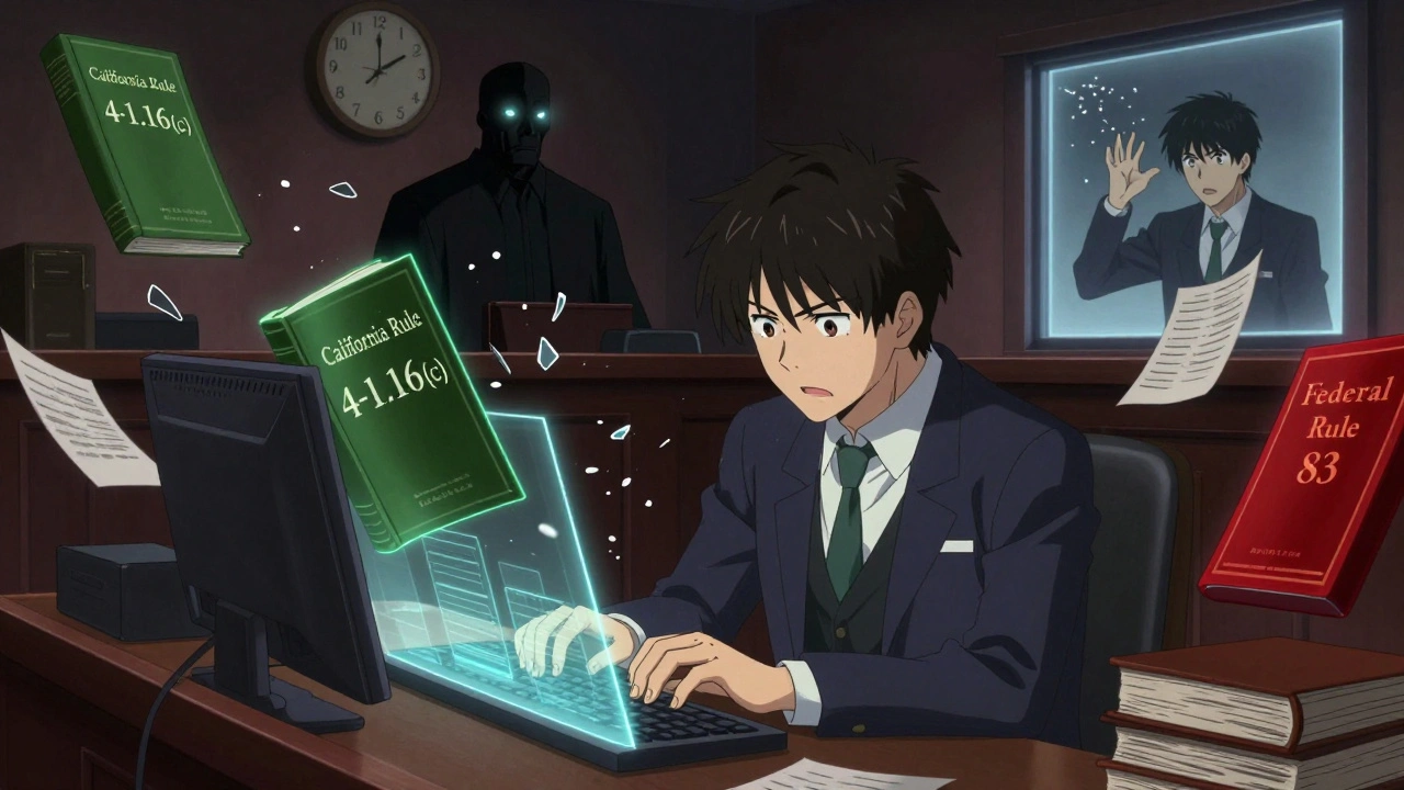 A lawyer surrounded by conflicting legal rules, with glowing state and federal documents, a looming judge, and falling rejected forms.