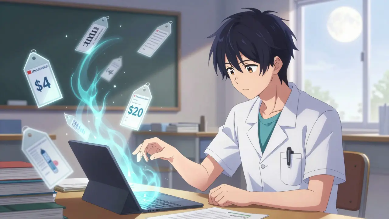 A medical student surrounded by floating drug price tags, reaching for a GoodRx app.