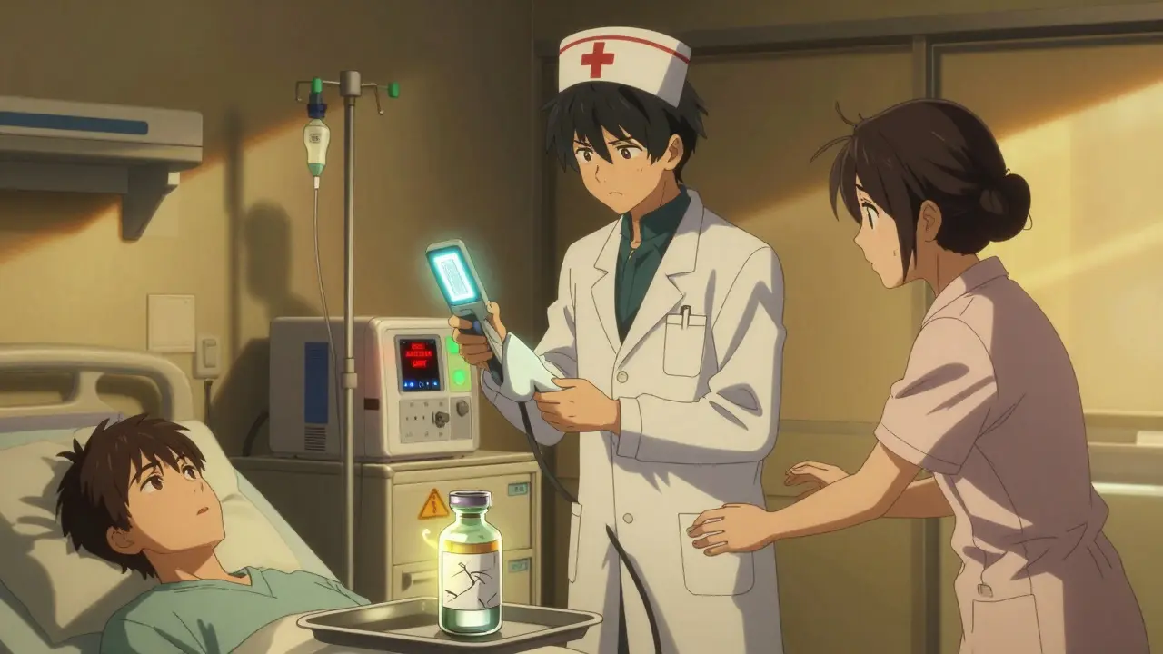 A nurse stops a dangerous infusion as a smart pump flashes a red warning.