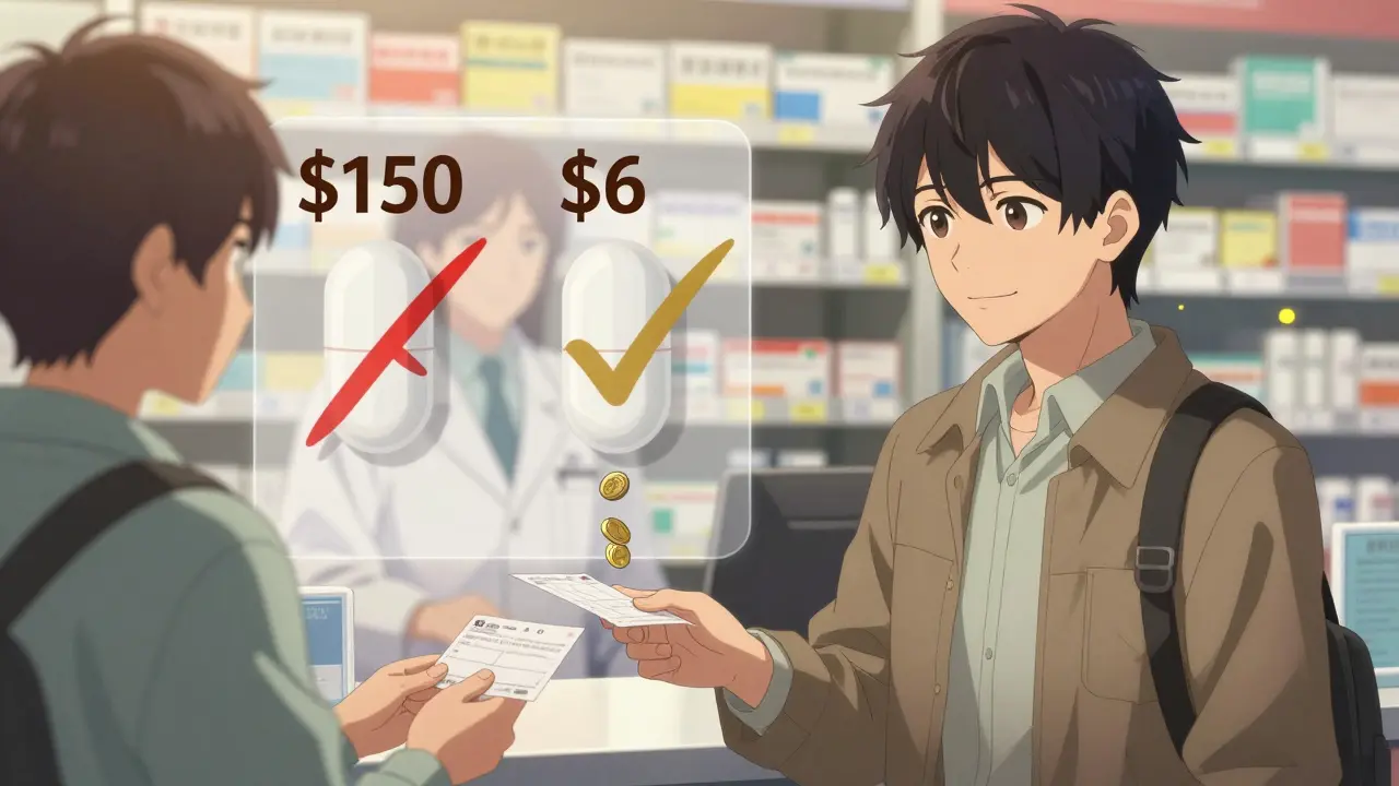 A patient and pharmacist at a pharmacy counter, with transparent price tags showing a costly vs. affordable generic pill.