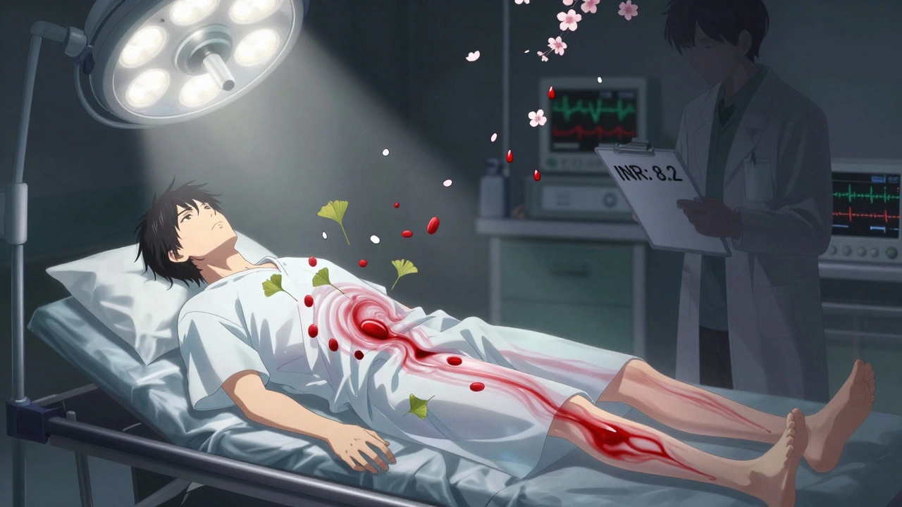 A patient on an operating table with transparent veins showing Ginkgo and blood thinners clashing inside.