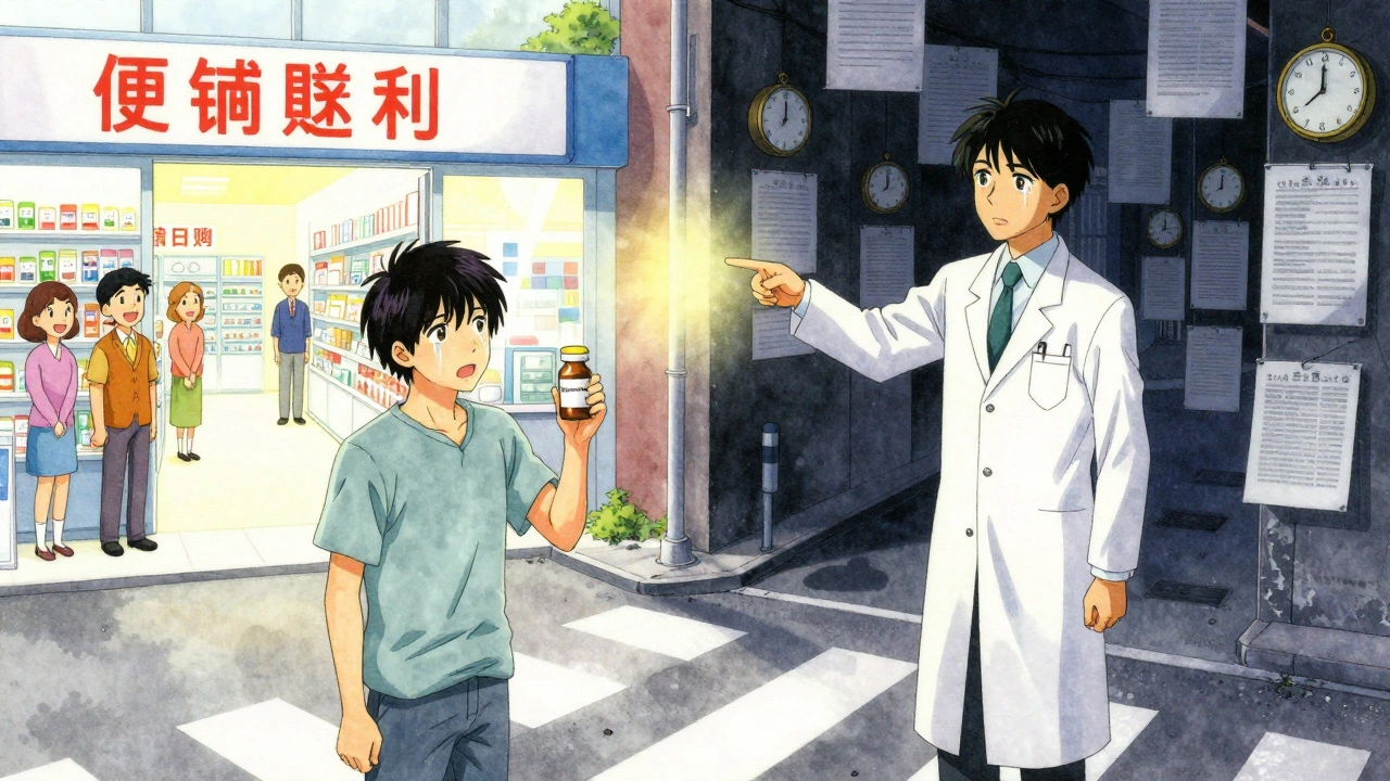 A patient stands at a crossroads between affordable generics and an alley of endless legal barriers.