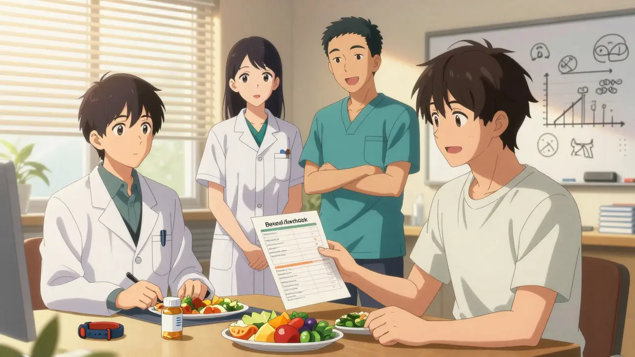 A patient with a care team reviewing a healthy meal plan in a sunlit clinic room.