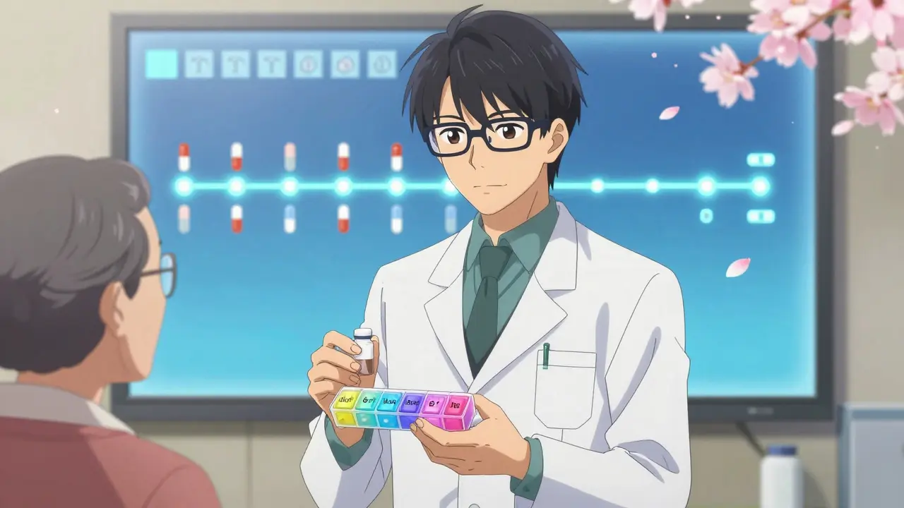 A pharmacist and elderly woman stand beside a colorful pill organizer with glowing timeline visuals.