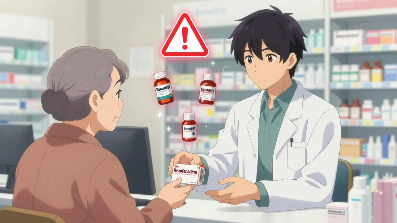 A pharmacist handing a safe antihistamine to an older adult, with warning symbols hovering over risky meds.