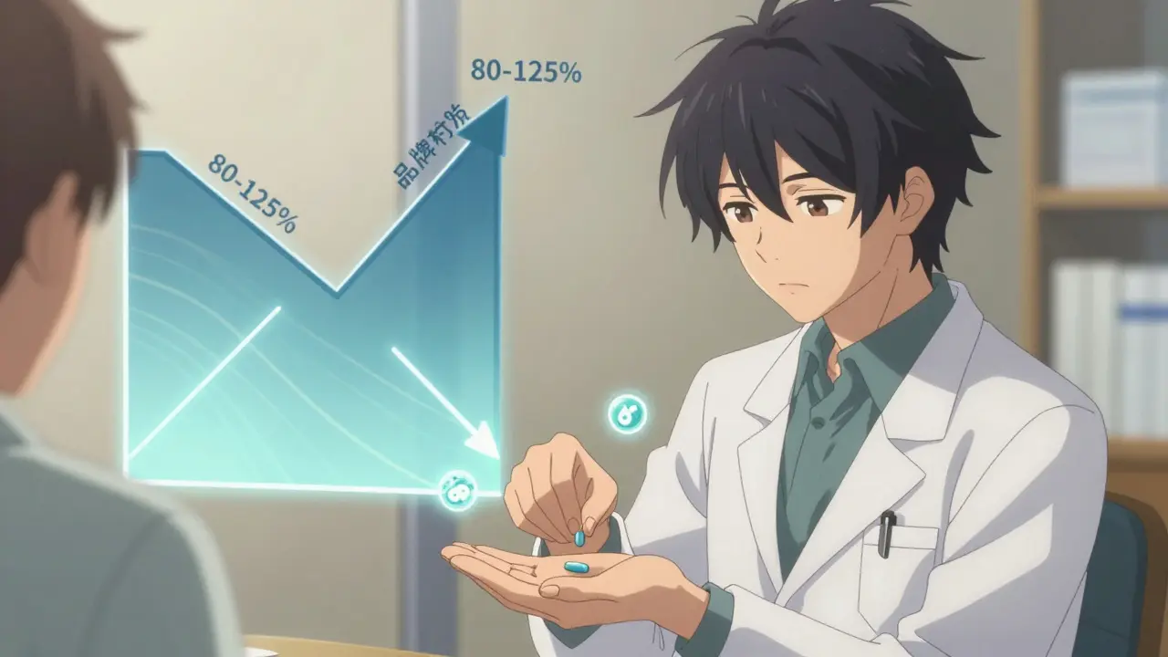 A pharmacist hands a generic pill to a patient as a graph splits into rising and falling price paths behind them.
