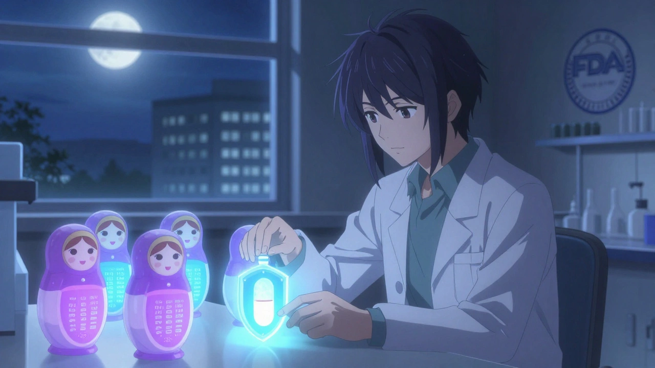 A scientist places five glowing shields around a pill, each labeled with a regulatory exclusivity type.