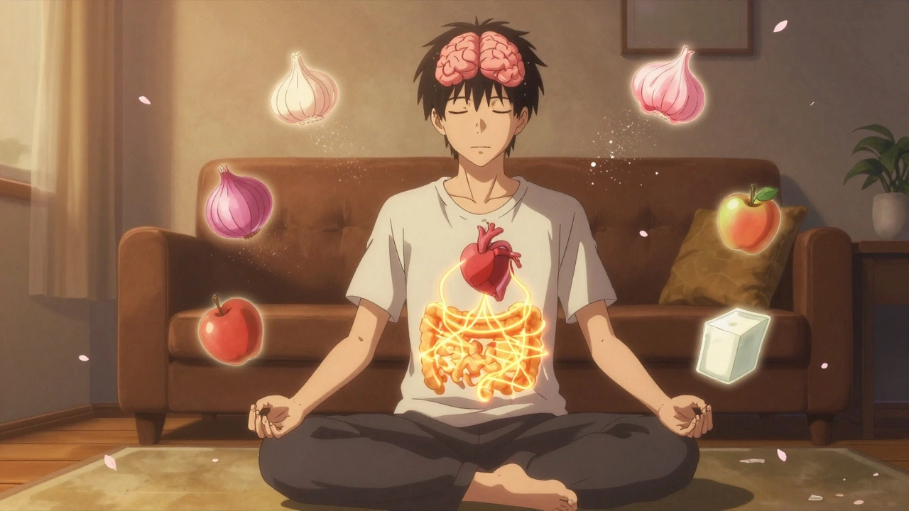 A serene young man meditating with glowing connections between gut, heart, and brain, food symbols dissolving around him.