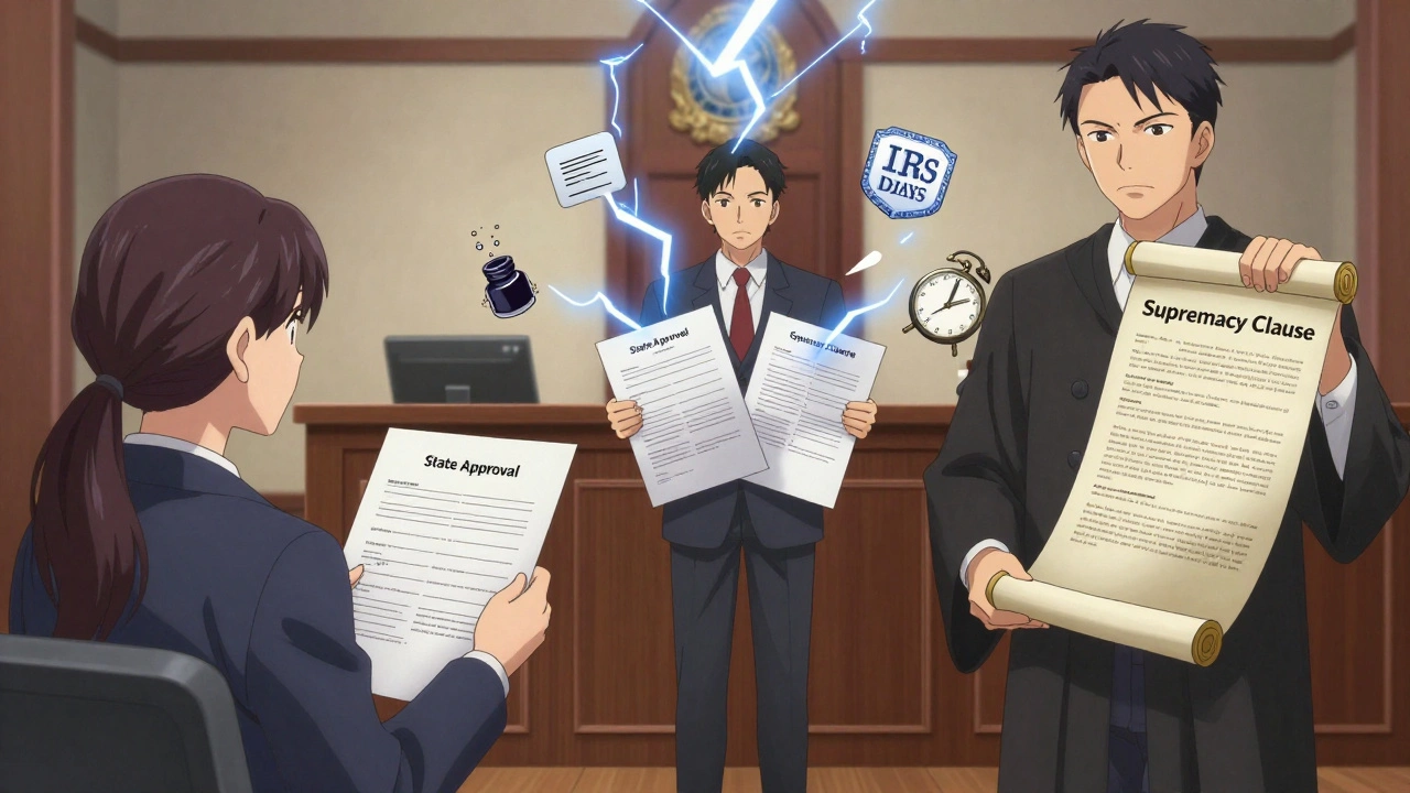 A symbolic courtroom battle between state freedom and federal authority, with a lawyer caught in the middle as a form splits in two.