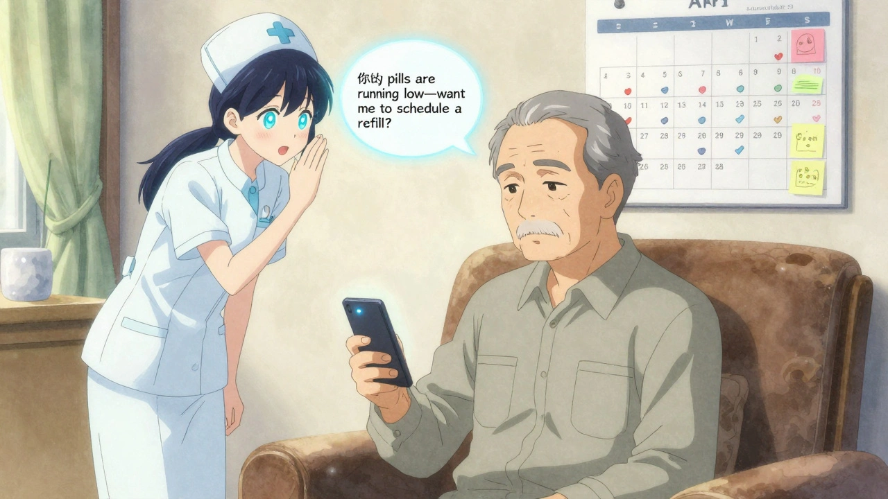 An elderly man receives a holographic medication reminder from a soothing AI nurse.